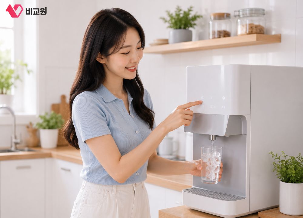 정수기로 얼음물 받고 있는 모습
