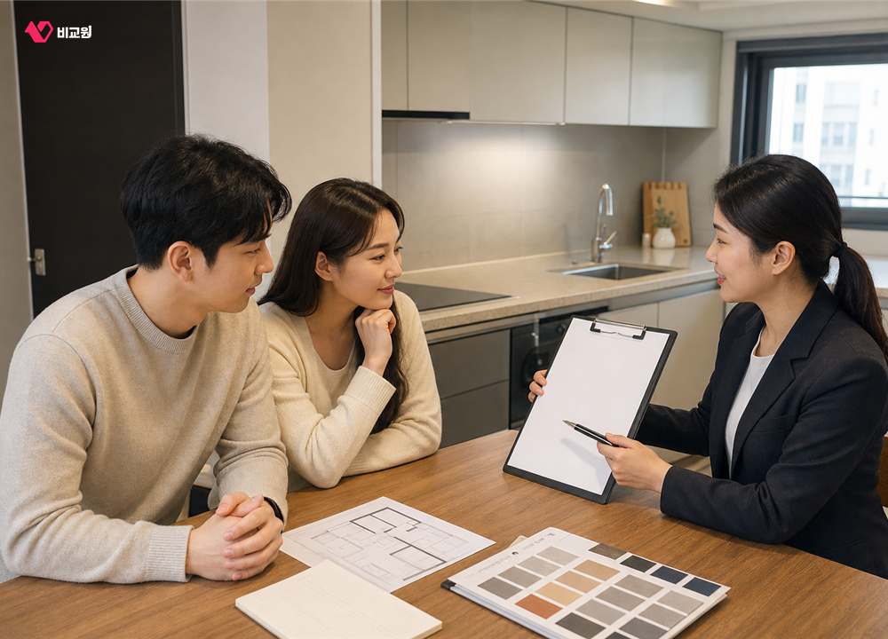 좁은 주방의 정수기 설치 조건과 렌탈 관리 방식을 상담받는 부부