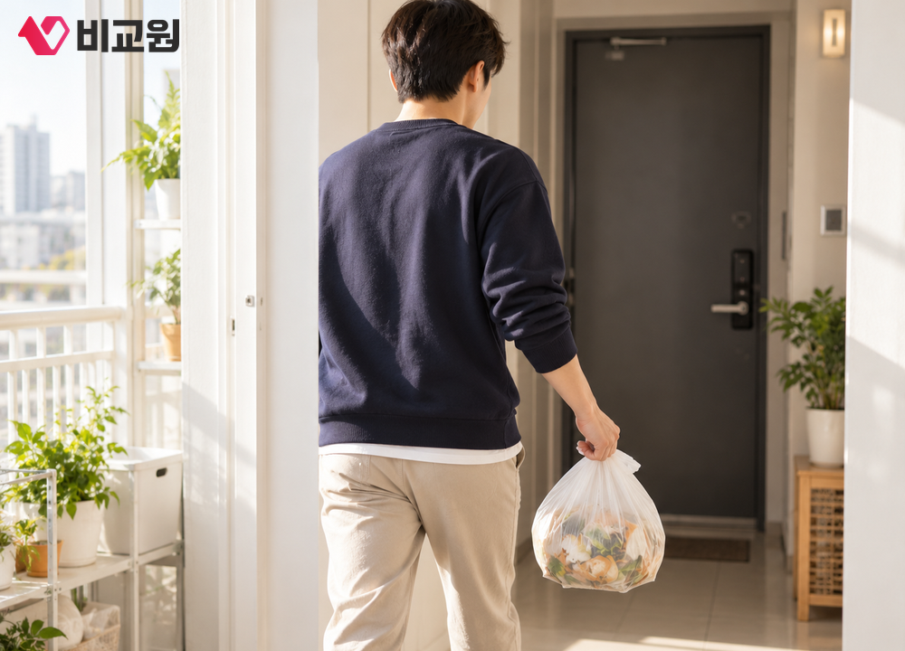 음식물 쓰레기 봉투를 들고 현관으로 나가는 20대 남성의 뒷모습
