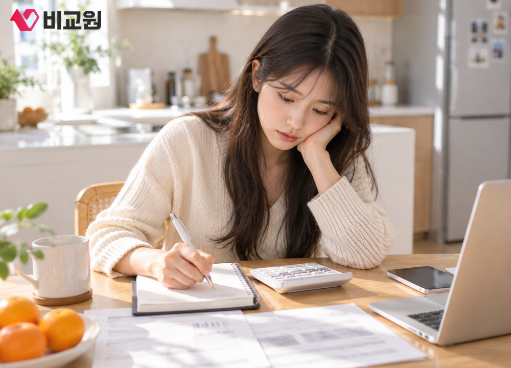종이에 금액을 적어가며 구입 비용을 계산하는 모습