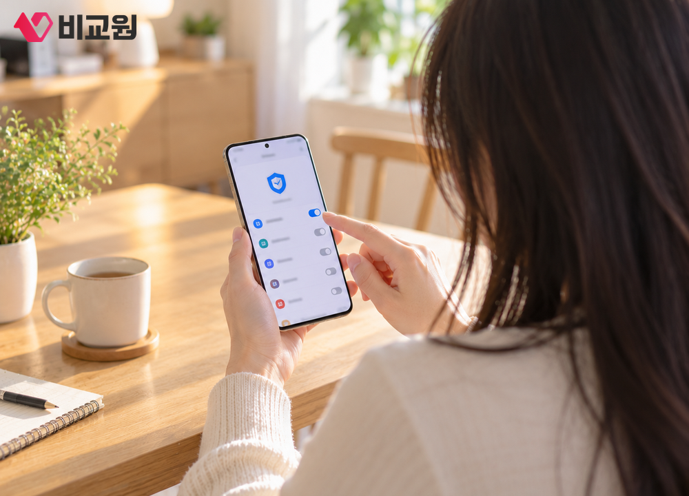 식탁에 앉아 휴대폰 보안 설정 화면을 켜는 20대 여성의 어깨너머 모습