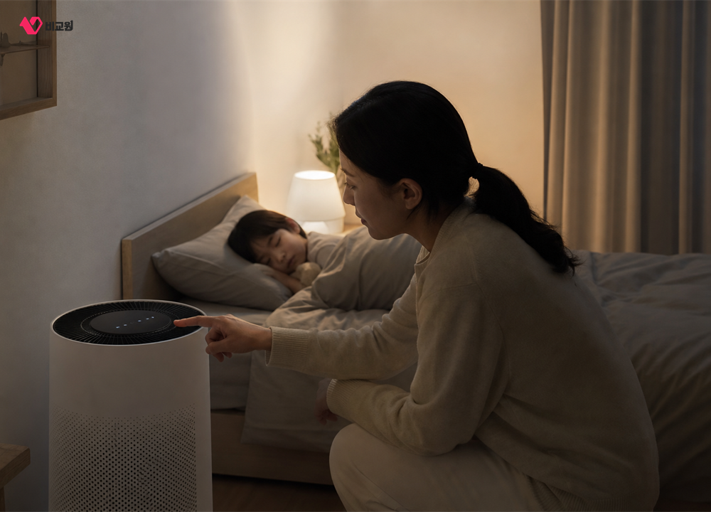 아이가 자는 침실에서 공기청정기 취침모드와 소음을 확인하는 보호자