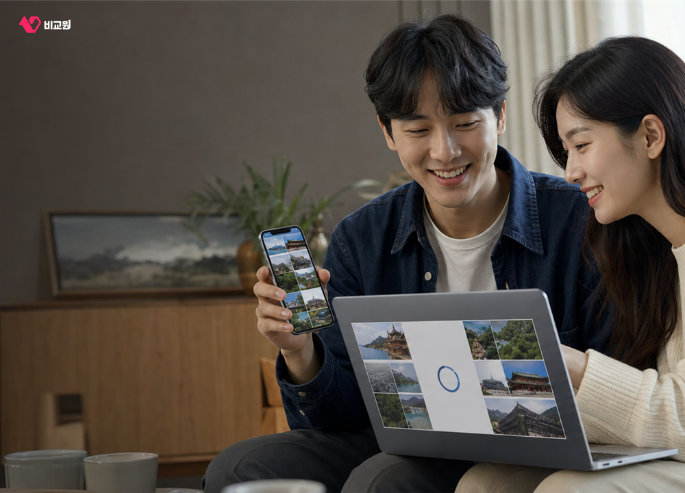 가까이 있는 Apple 기기 사이에서 사진을 공유하는 모습