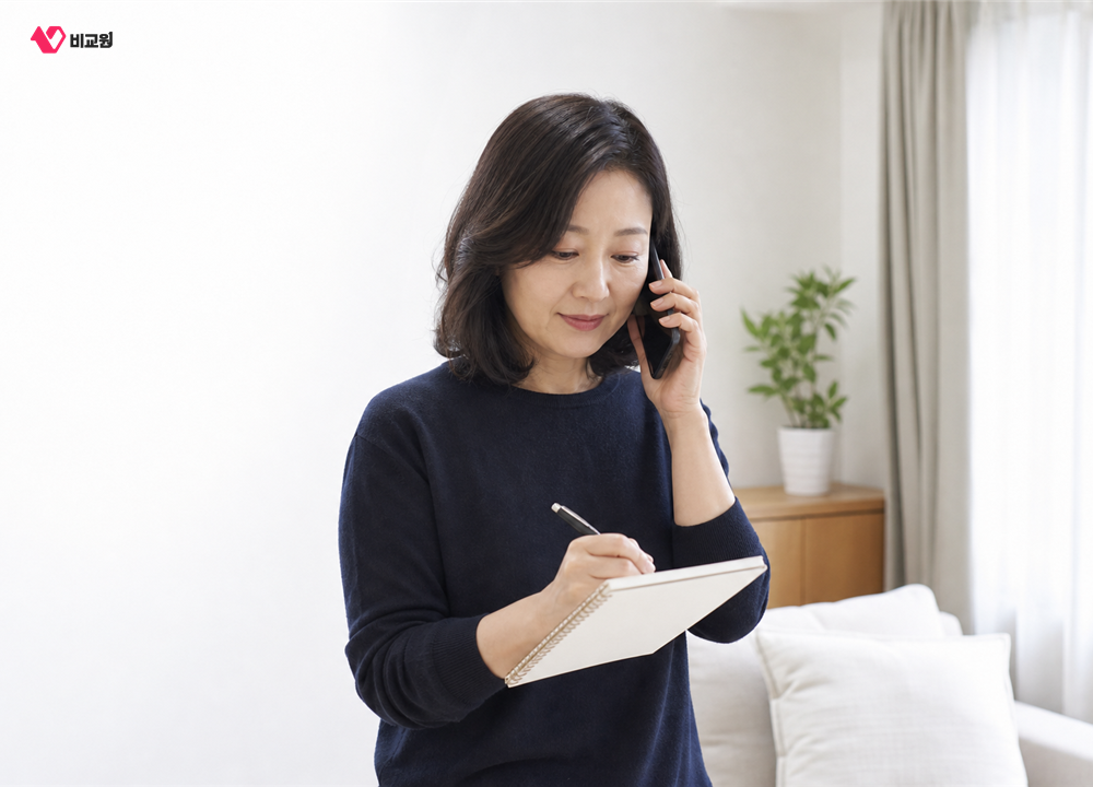 통화하면서 내용을 메모지에 적어 확인하는 모습