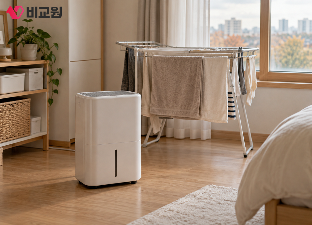 실내 빨래 건조대 옆에서 작동 중인 제습기