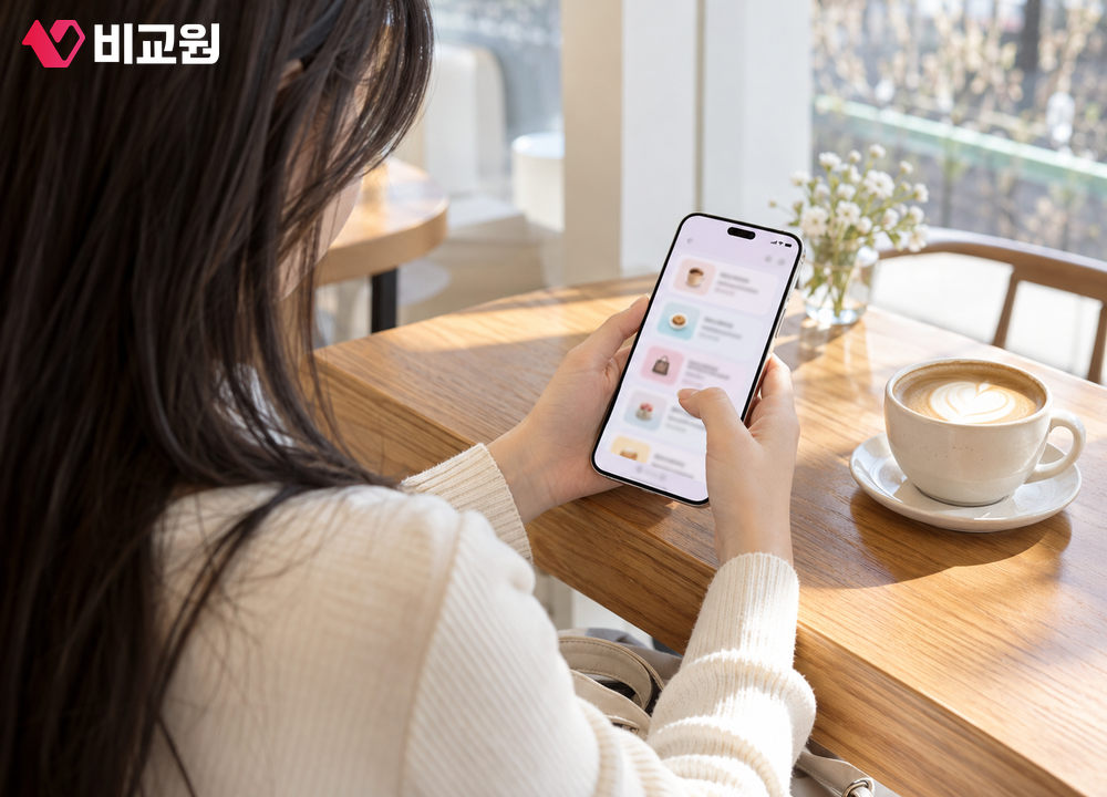 카페 테이블에서 스마트폰으로 통신사 멤버십 제휴처 혜택을 살펴보는 모습