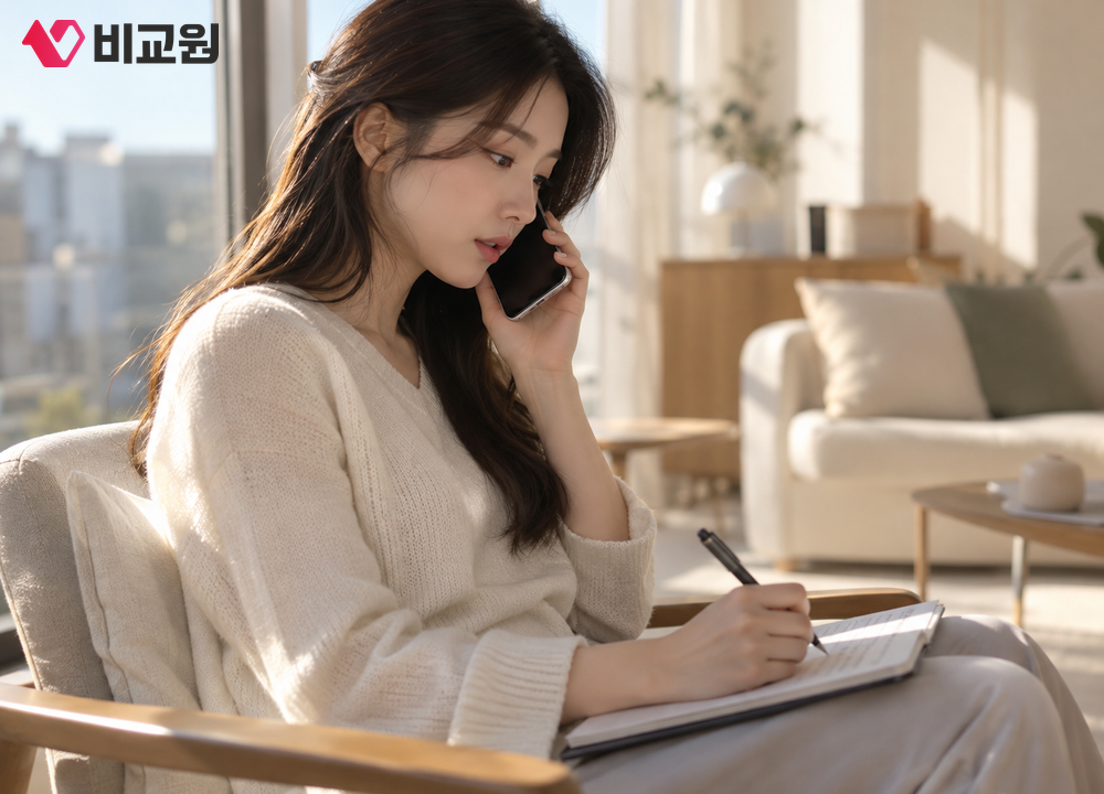 거실 창가에서 휴대폰으로 상담 전화를 하며 노트에 메모하는 20대 여성의 모습