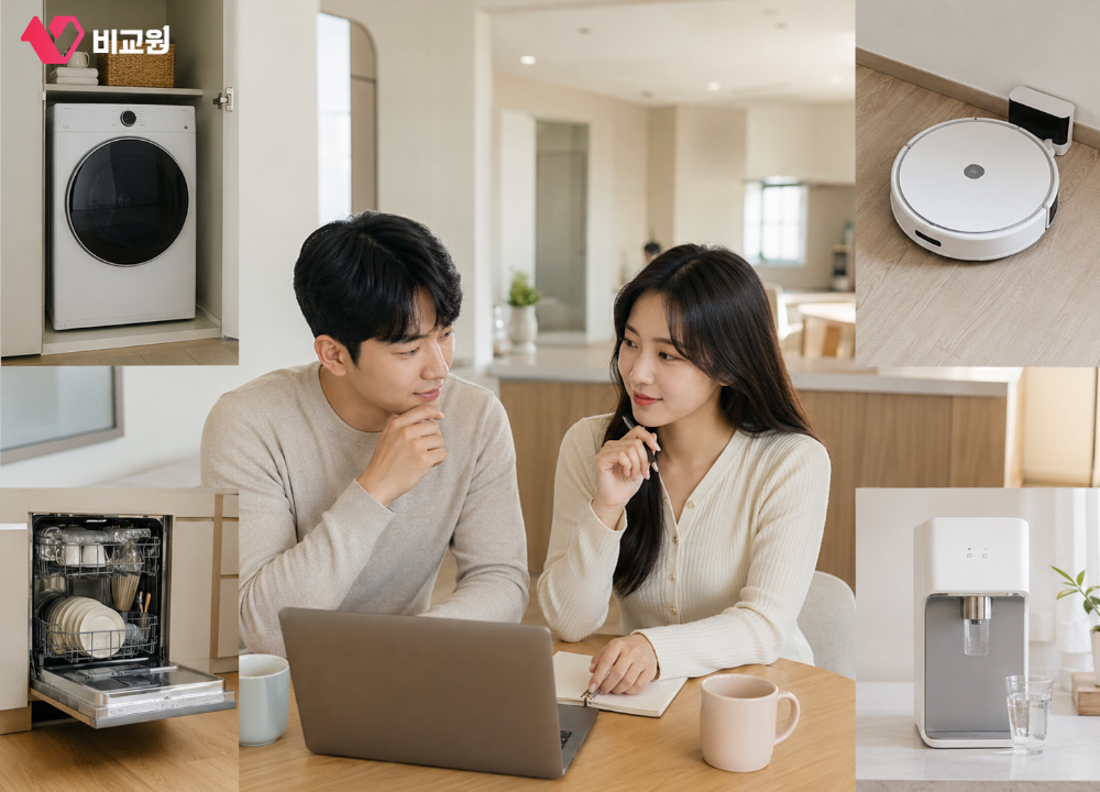 맞벌이 신혼부부가 가전렌탈 제품을 고민하는 모습
