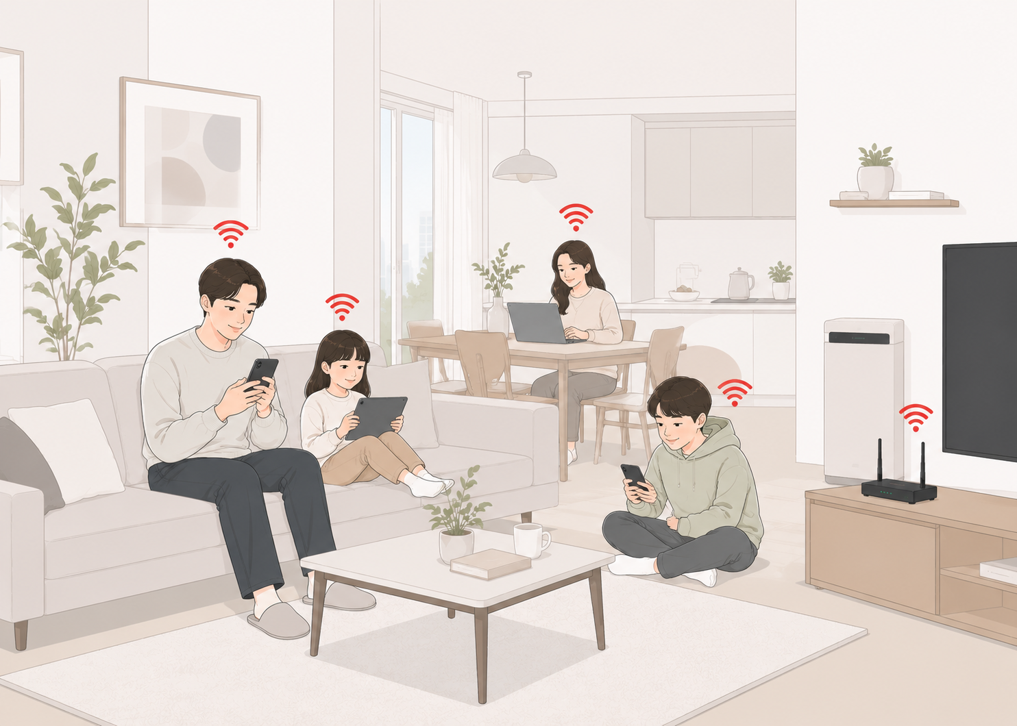 KT 프리미엄 가족결합 상품을 이용중인 4인가족 모습