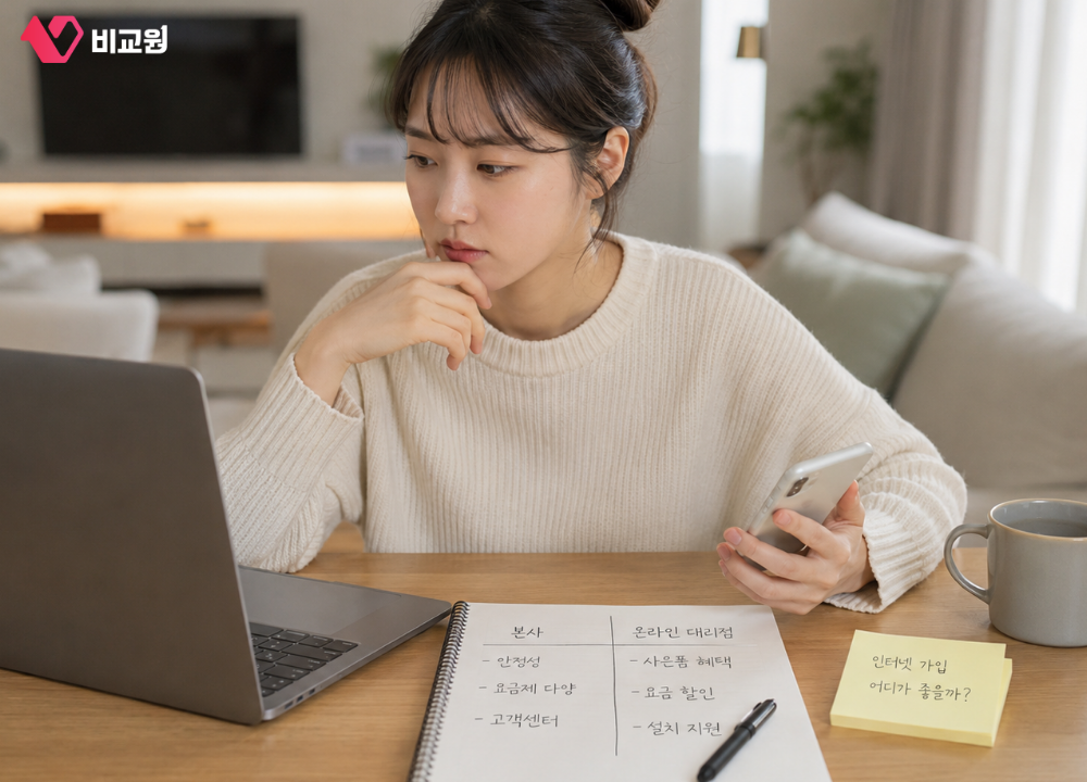 인터넷 가입 어디서 할지 고민하는 모습