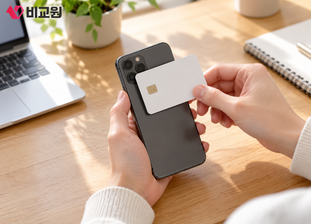 IC 주민등록증을 휴대폰 뒷면에 대고 모바일 신분증을 발급하는 모습