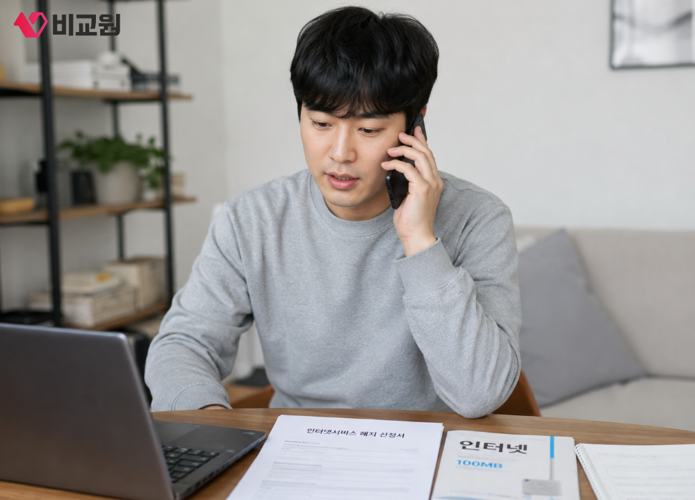 인터넷 해지 전 전화상담하는 모습