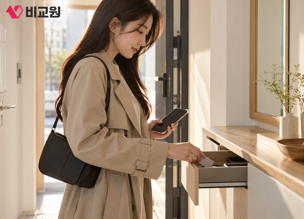 현관 수납장 서랍에 실물 교통카드를 넣어 두고 휴대폰만 챙겨 나서는 모습