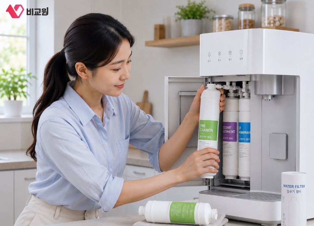 정수기 필터 교체하는 모습