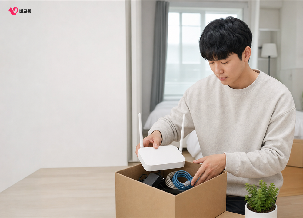 이사를 앞두고 인터넷 장비와 이전 설치 조건을 확인하는 모습