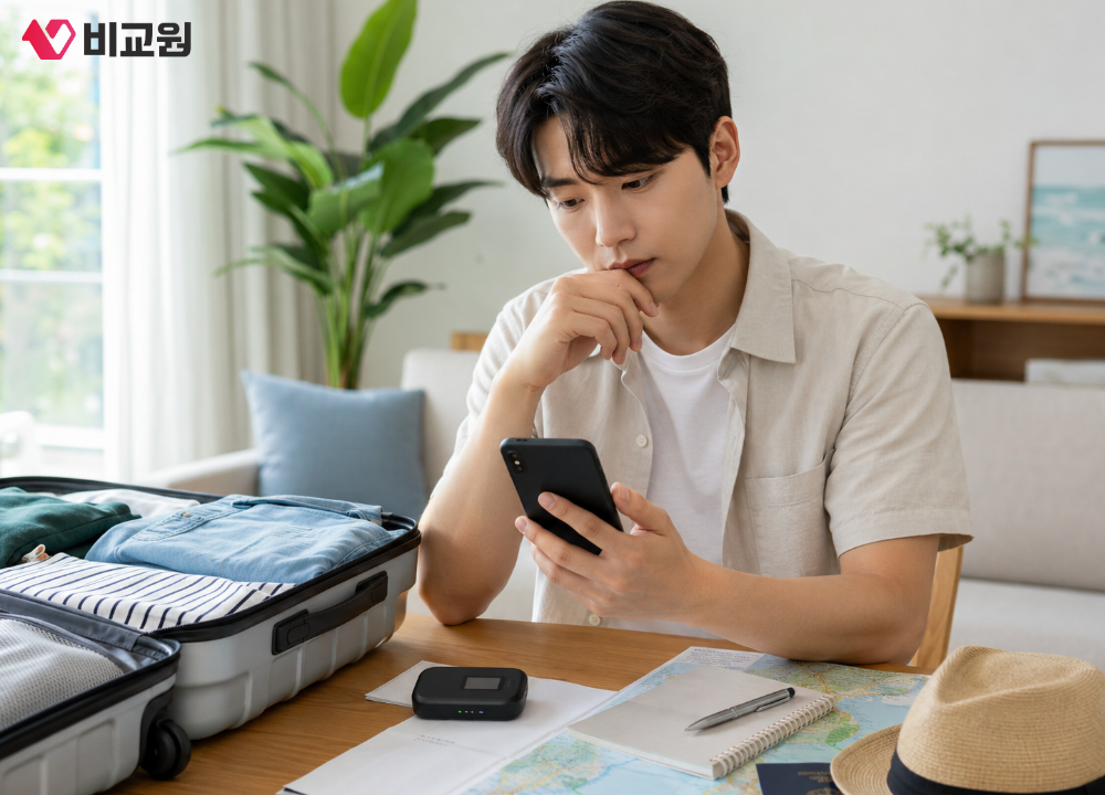 해외여행 전 로밍, eSIM, 포켓와이파이 중에 고민하는 모습