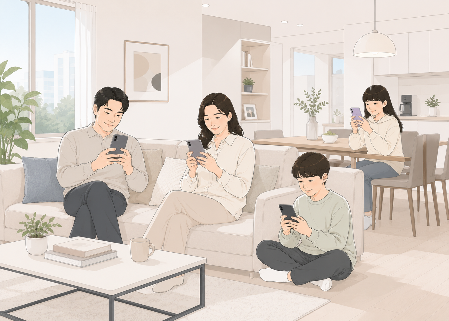 KT 프리미엄 가족결합 이용중인 4인가족 모습