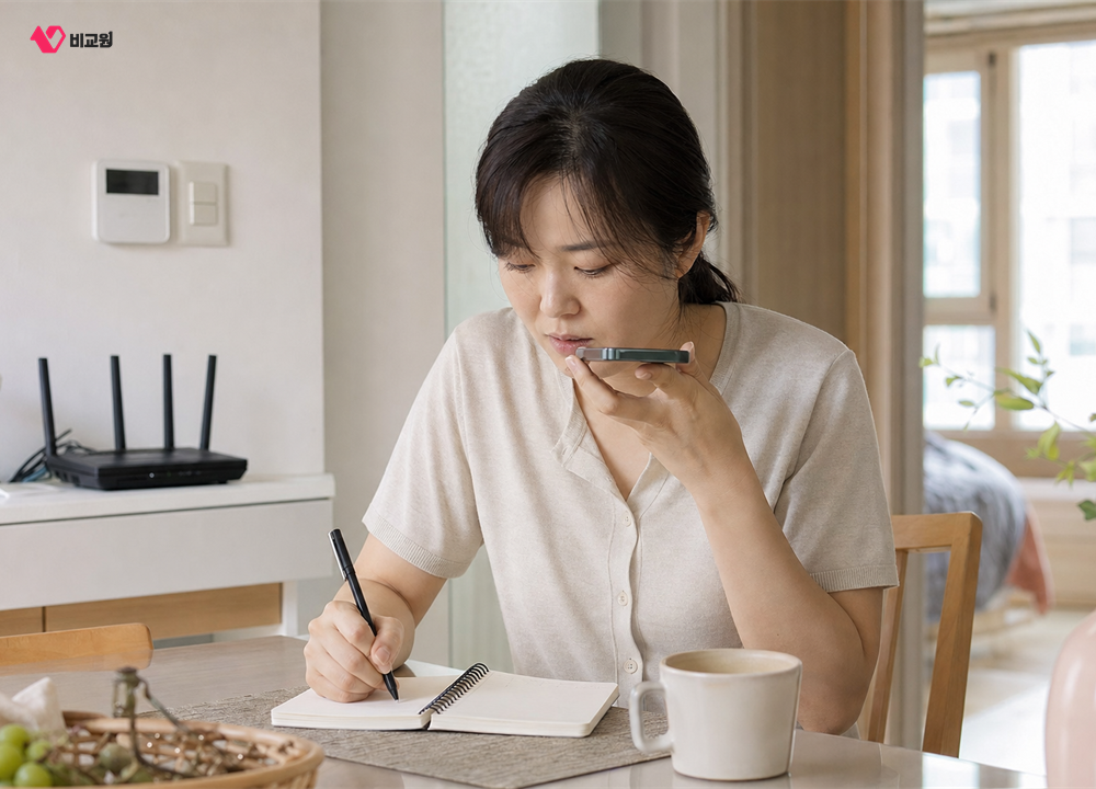 인터넷 재약정 혜택과 월요금을 고객센터에 확인하며 기록하는 여성