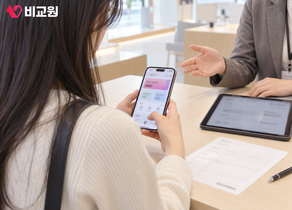 휴대폰 매장 상담 테이블에서 통신사를 옮기기 전 남은 멤버십 포인트와 쿠폰을 확인하는 모습