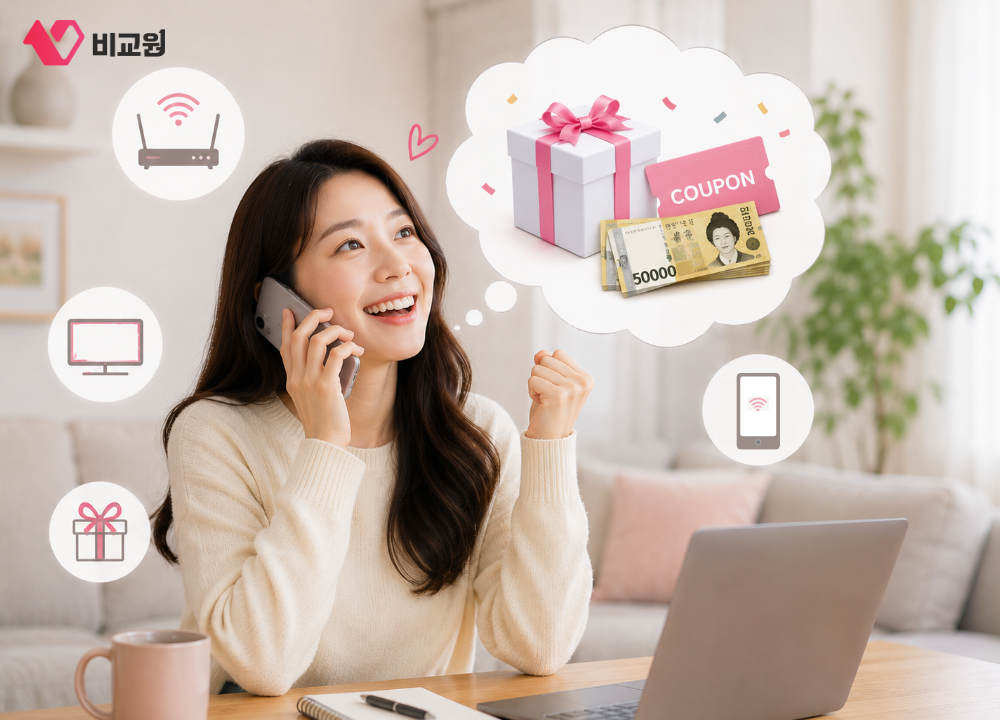인터넷 가입 시 받게 될 사은품을 떠올리며 기뻐하는 모습