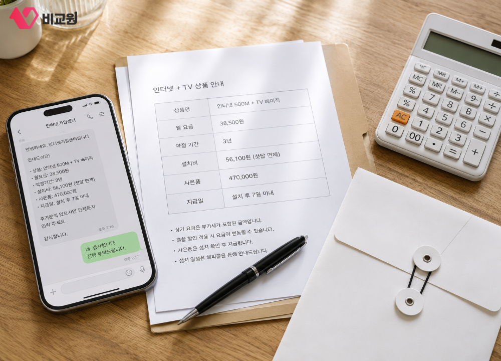 인터넷가입센터 상담 문자와 월 요금 및 사은품 지급 조건을 확인하는 모습