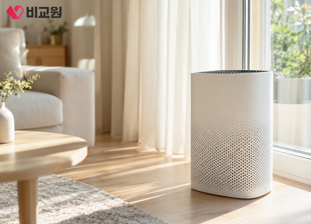 거실 창가에 설치를 마친 공기청정기