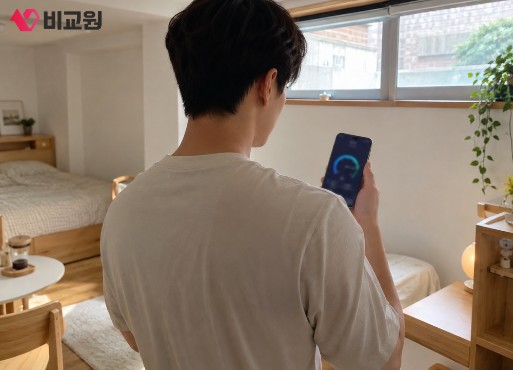 원룸 창가에서 휴대폰 속도 측정 화면을 보는 20대 남성의 뒷모습