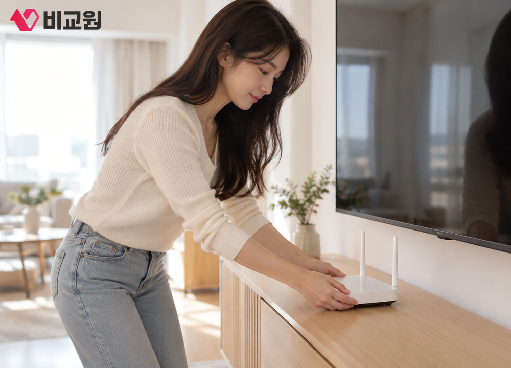 거실 TV 옆 수납장 위로 공유기를 옮겨 두는 20대 여성의 모습