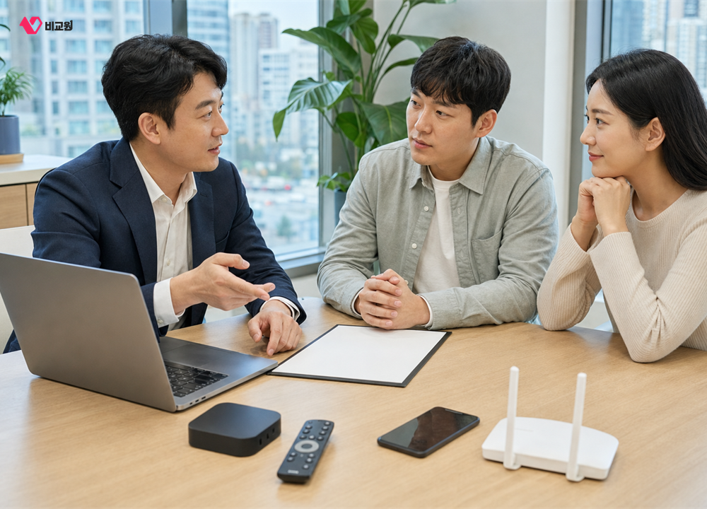 IPTV와 OTT 이용 조건을 비교 상담받는 부부