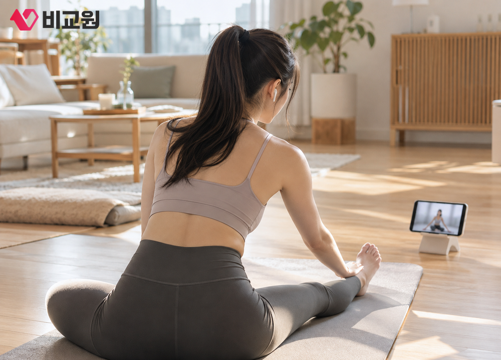 거실에서 스트레칭을 하며 휴대폰으로 광고 없이 영상을 보는 모습