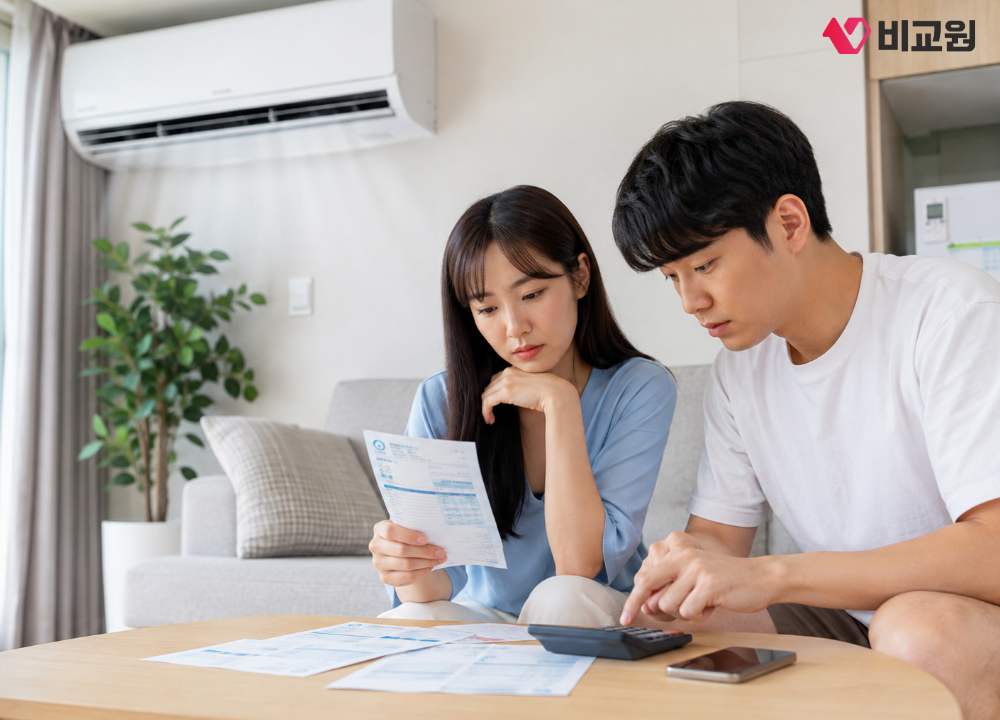 전기요금 청구서를 보며 전기 사용량 계산하는 모습
