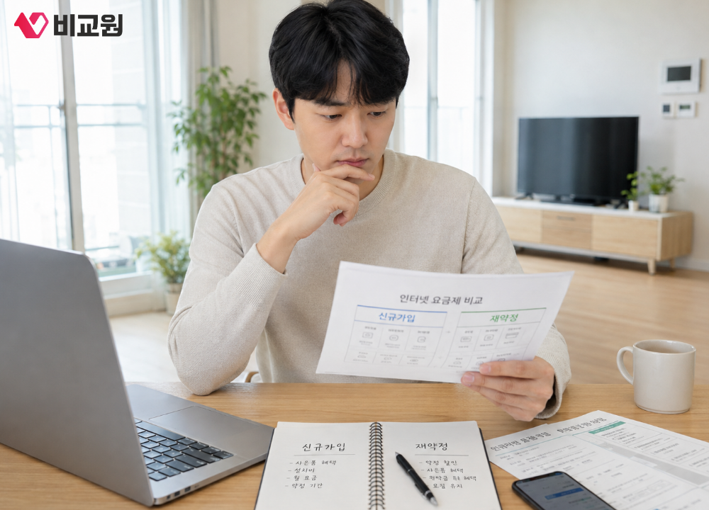 인터넷 신규가입, 재약정 고민하는 모습