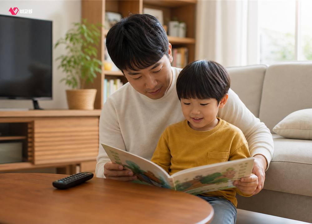 TV를 끄고 아이와 그림책을 읽는 부모의 모습
