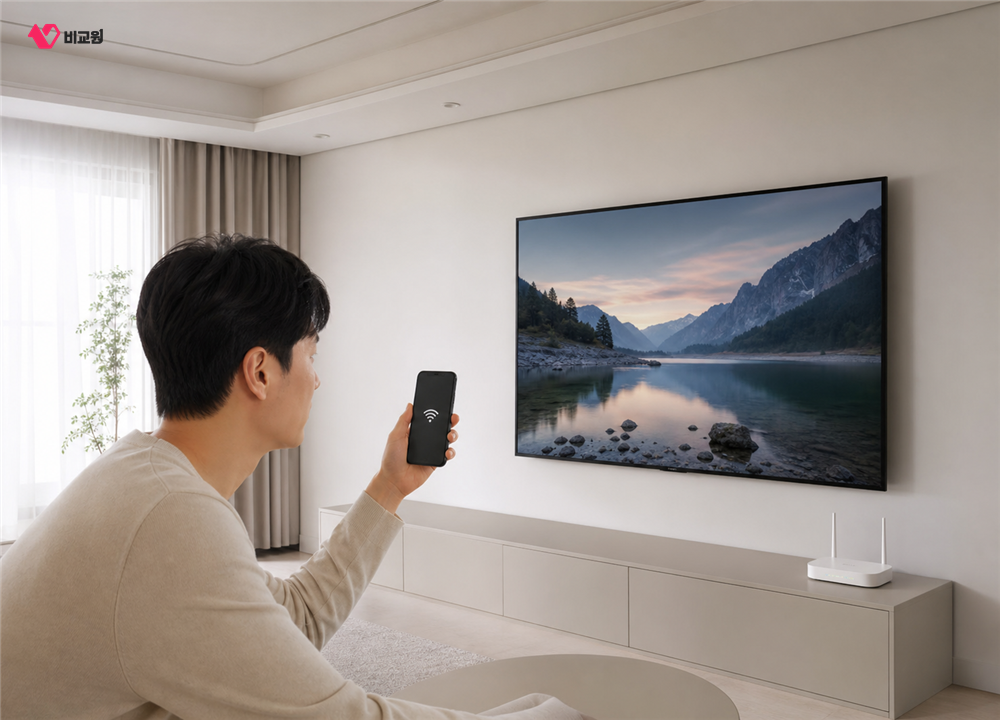 휴대폰과 TV의 Wi-Fi 연결 상태를 함께 확인하는 모습