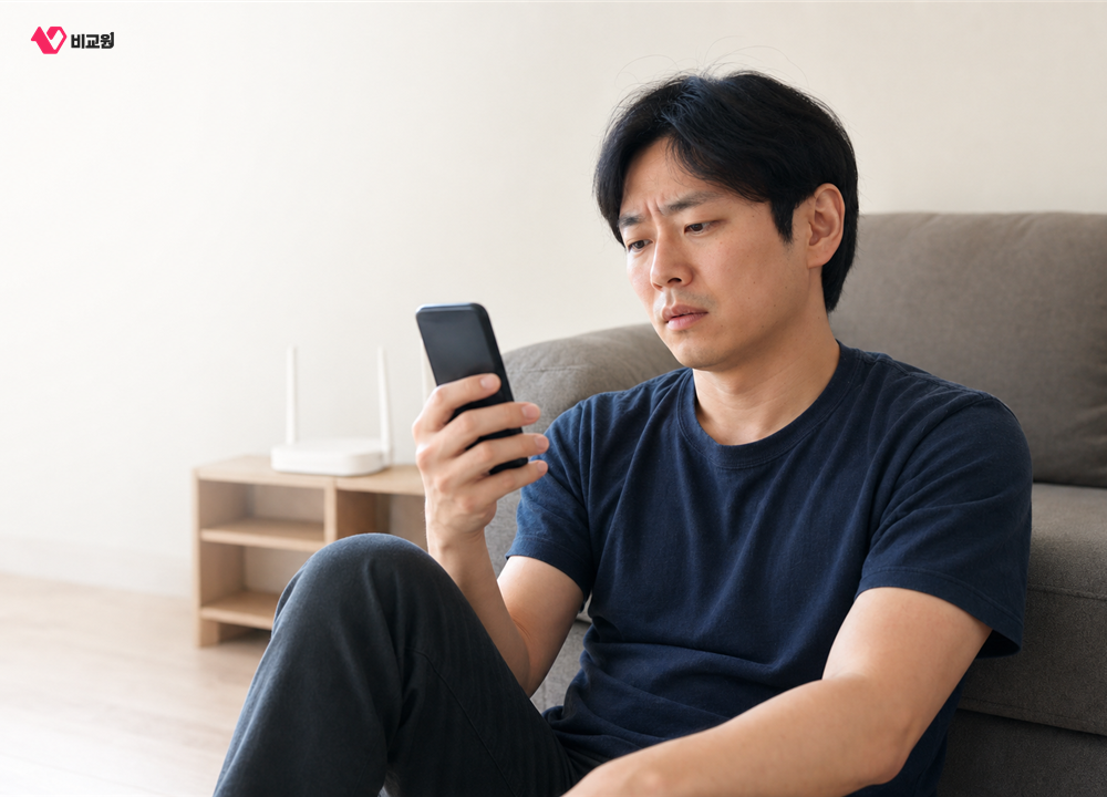 원룸에서 스마트폰으로 가입 정보를 확인하는 모습과 뒤편의 공유기