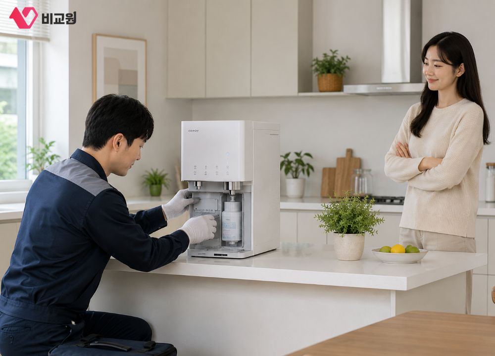 정수기 렌탈을 이용중인 고객이 정수기 케어받는 모습