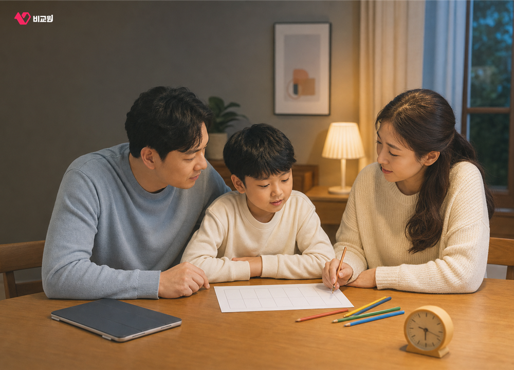 가족이 영상 시청 시간과 규칙을 함께 정하는 모습