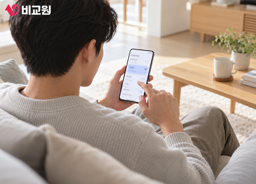 소파에 앉아 휴대폰 요금제 화면에서 테더링 제공량을 확인하는 20대 남성의 모습