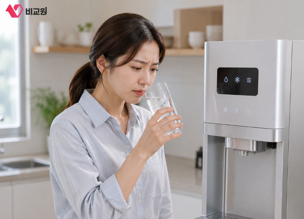 여름철 정수기 위생관리 중 물 냄새를 맡고 있는 모습