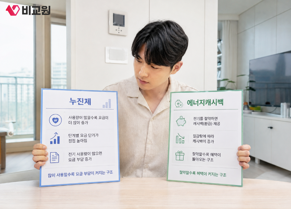 전기요금 누진제, 에너지 캐시백 비교 설명하는 이미지