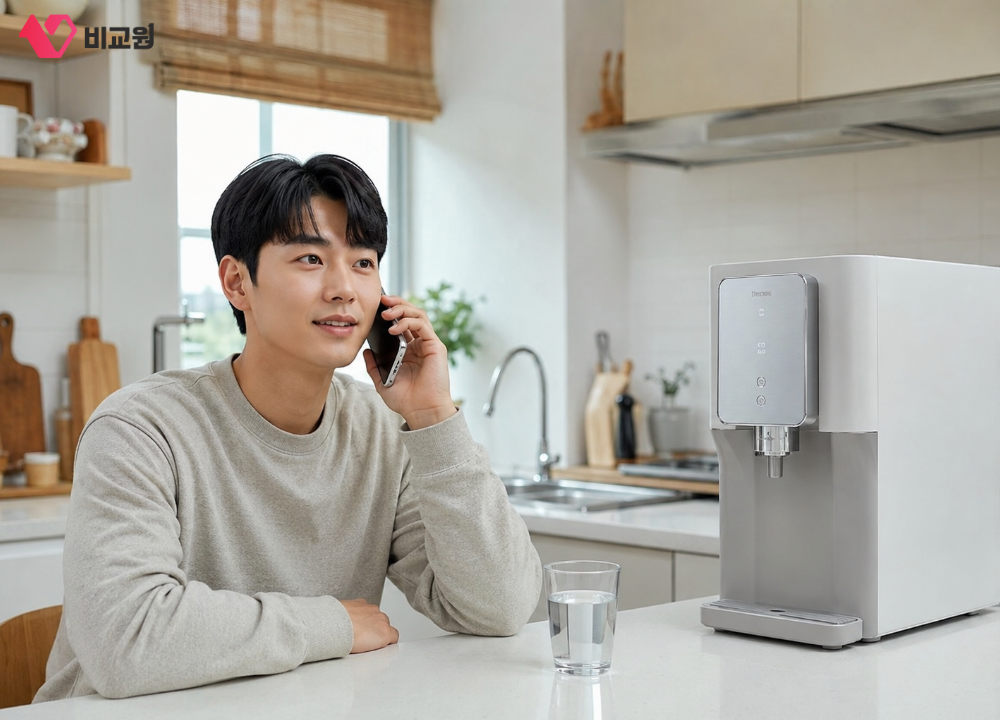 정수기 렌탈 해지 관련하여 상담받고 있는 모습