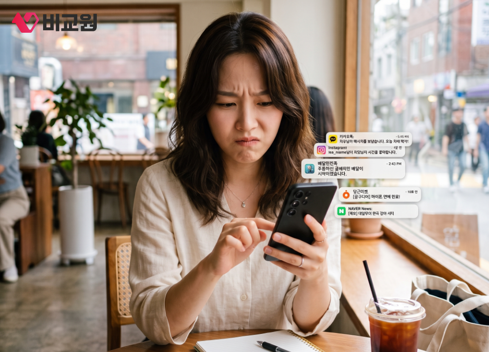 휴대폰 알림이 많이 뜨자 불편해하는 사용자 모습