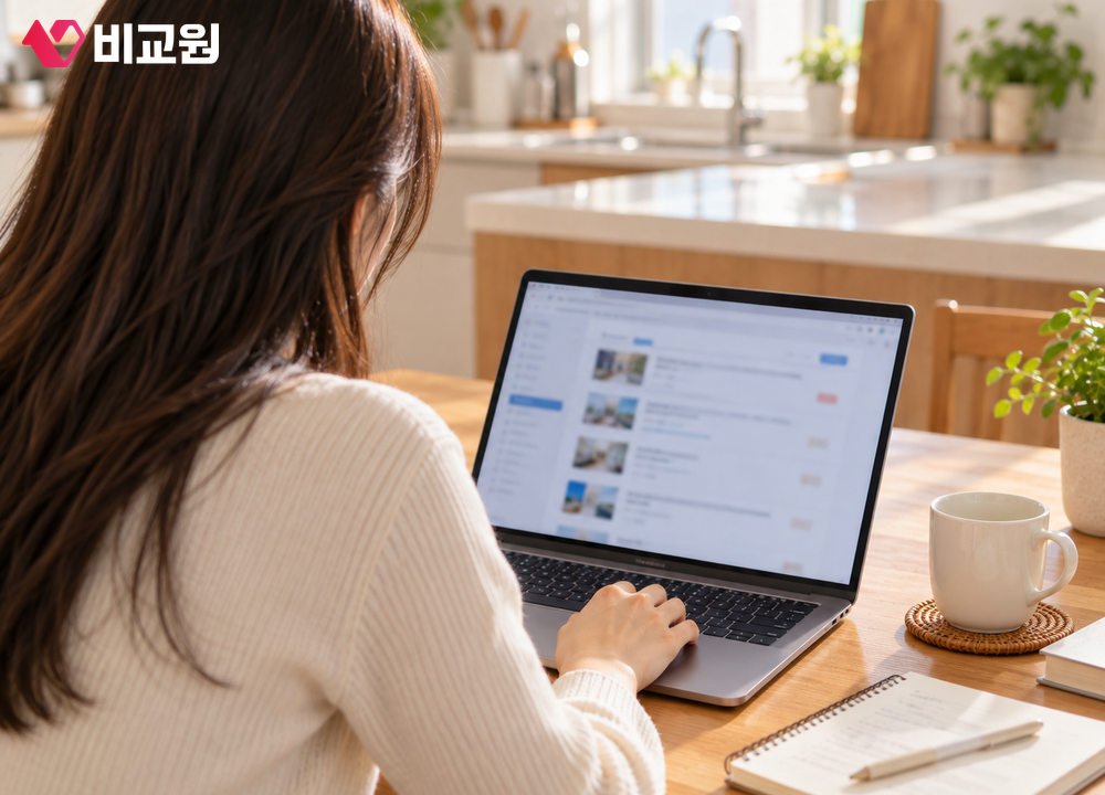 주방 식탁에서 노트북으로 렌탈 상품과 구청 공고를 번갈아 보는 20대 여성의 어깨너머 모습