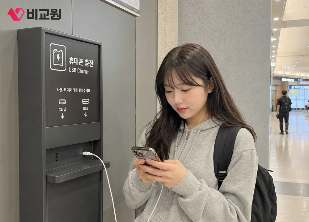 공용 충전기 꽂아놓고 휴대폰 사용하는 대학생 모습