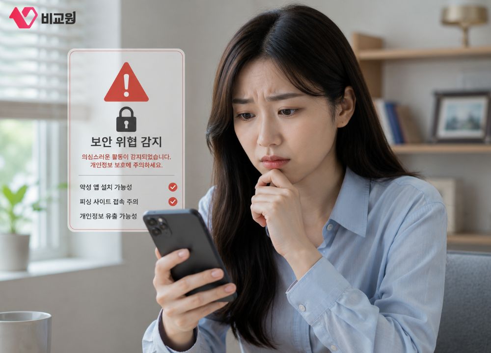 휴대폰 보안 위협 감지 경고알림으로 심각해 하는 사용자 이미지