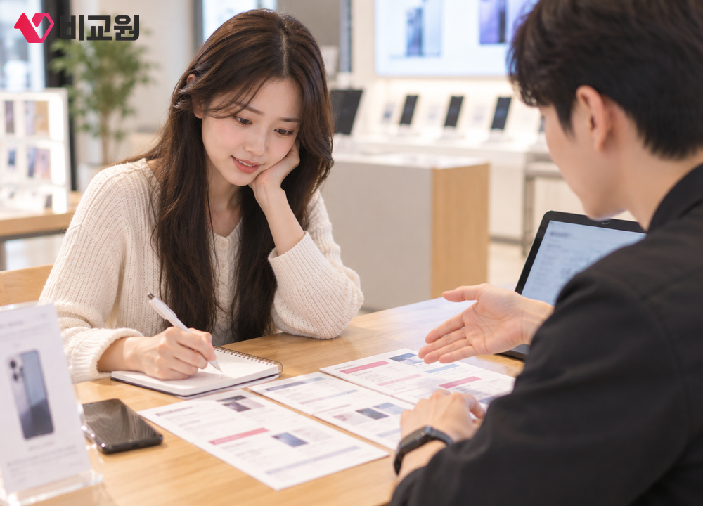 상담사가 고객에게 조건을 설명하며 안내하는 모습
