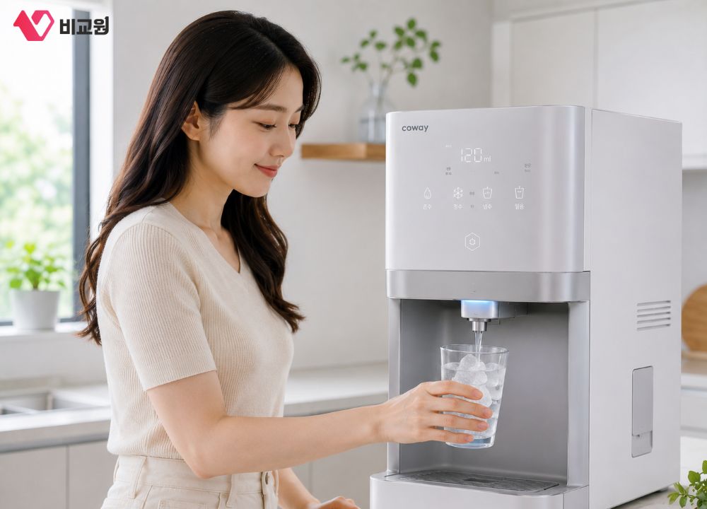 정수기로 얼음물 받고 있는 모습