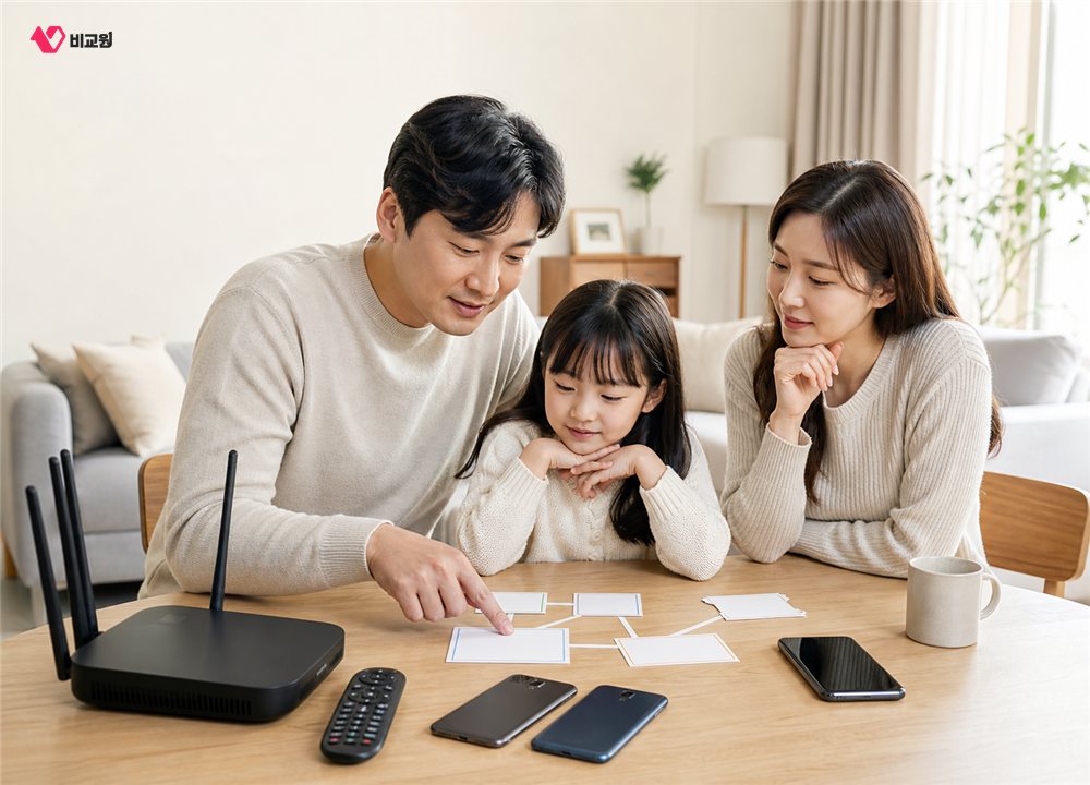가족 휴대폰과 인터넷 TV 결합 관계를 함께 확인하는 모습