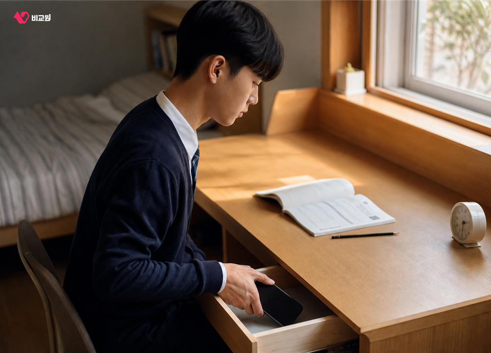 공부에 집중하기 위해 휴대폰을 책상에서 떨어진 서랍에 넣는 모습