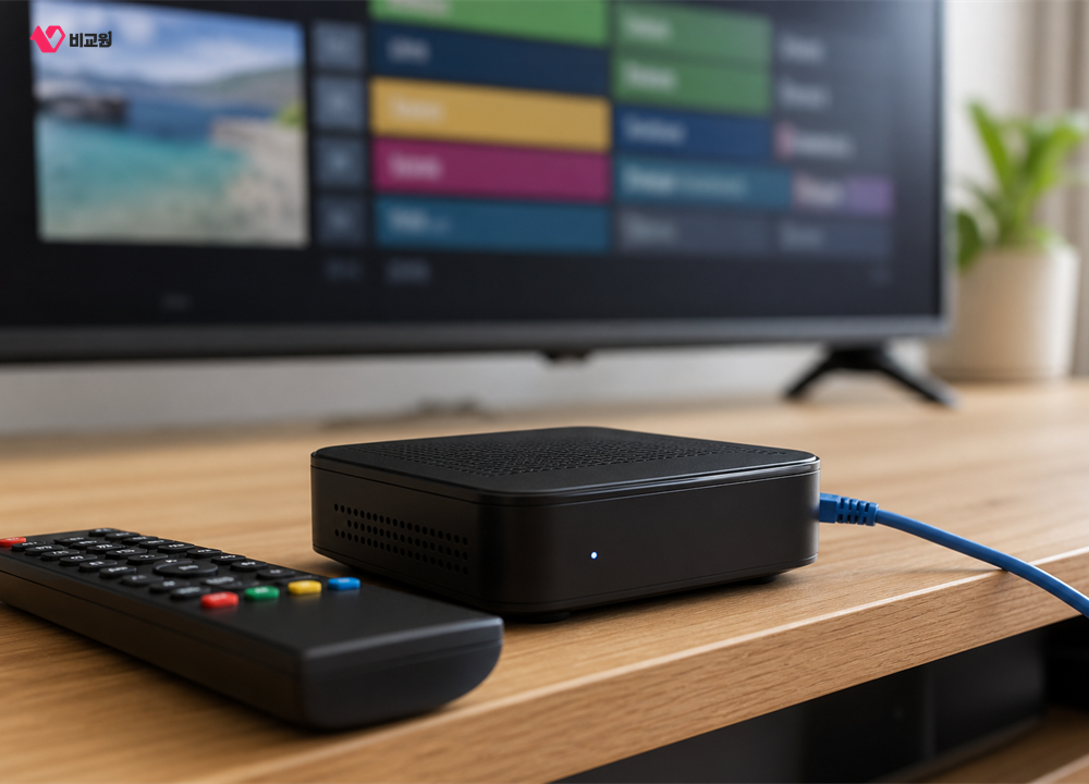 IPTV 셋톱박스와 리모컨을 이용해 실시간 채널을 선택하는 거실